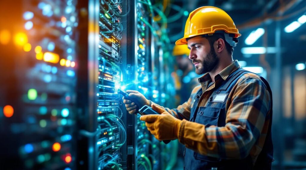 A professional IT technician organizing high-speed data cables in a secure server rack within a Girard business data center.