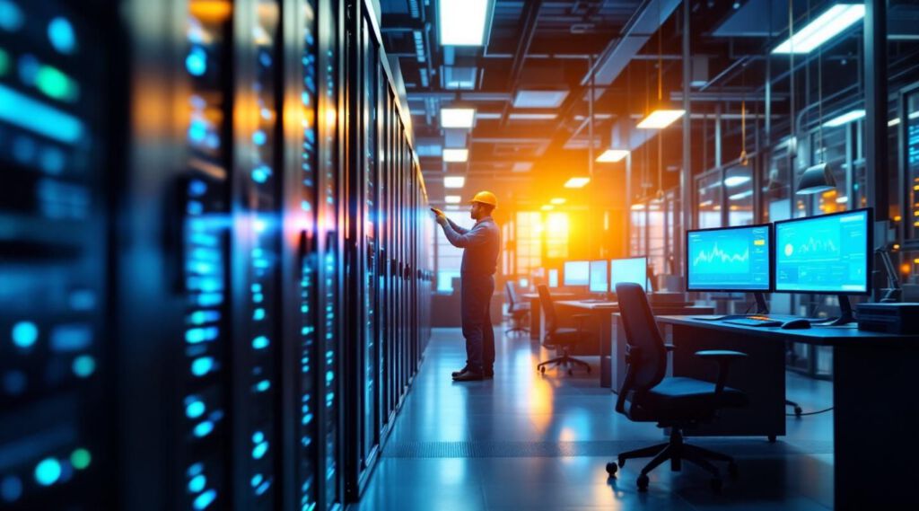 Professional IT consultant reviewing secure cloud server configurations in a Girard business office.