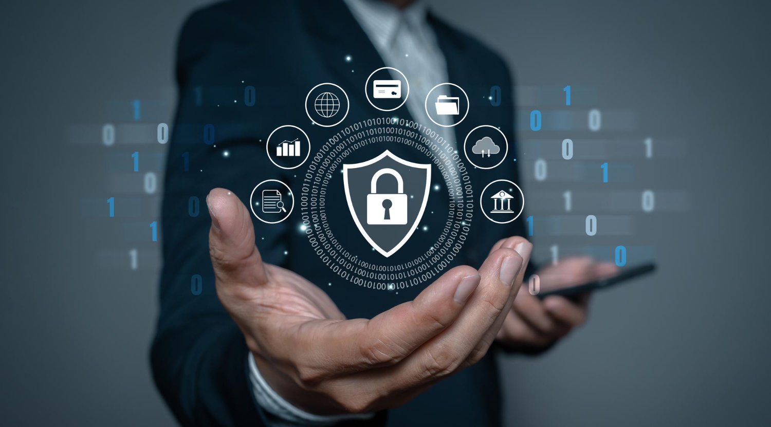 Business cybersecurity and data protection with digital security shield and lock concept.