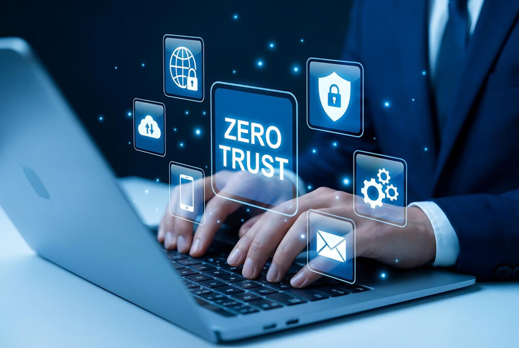 Zero trust cybersecurity architecture for small business network and data protection.