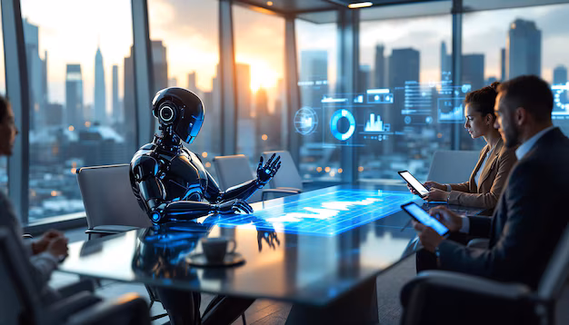 AI robot presenting data analytics to a business team in a modern conference room